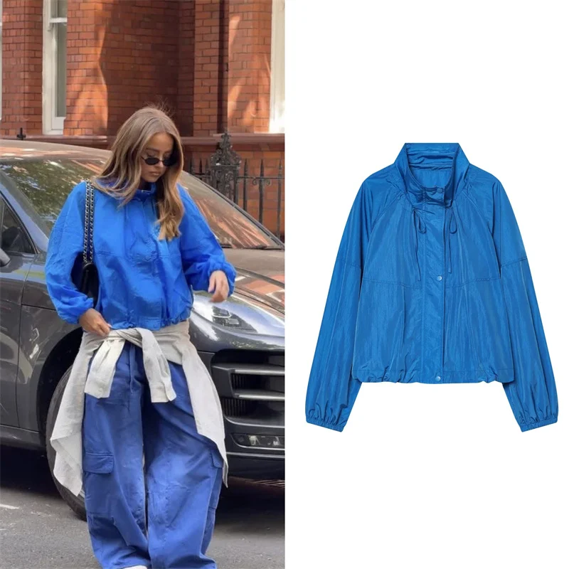 Guobioziy Women's Jacket 2026 Summer New Fashionable Versatile Stand Collar Long Sleeve Pleated Loose Casual Top