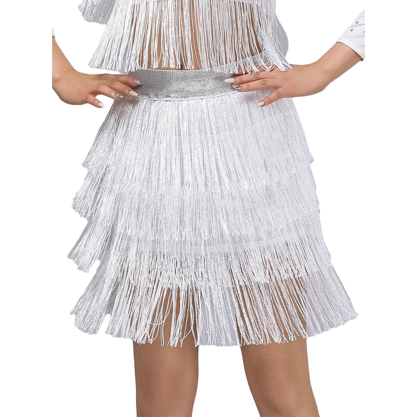 女性ラテンチャチャルンバサンバダンスパフォーマンススカート光沢のあるティアードフリンジスイングタッセルスカートタンゴラテンダンス衣装