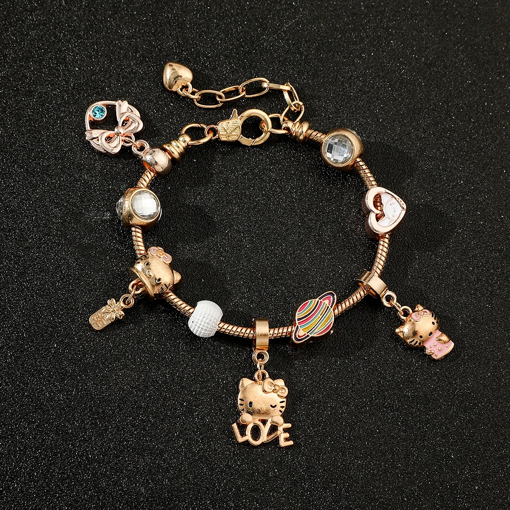 Anime Sanrio Bracelet for Women, Hello Kitty, Charms, Metal Bead, DIY Hand Jewelry Gifts