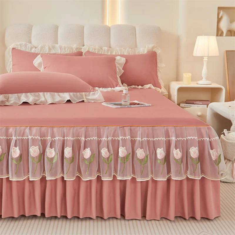Washed Cotton Embroidered Pure Color Bed Skirt with Turmeric Flowers You Can Choose Only Bed Skirt or Three Piece Set