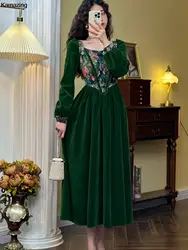 Vintage France Green Velvet Floral Dress for Women Chic Auricular A-line Party Prom Robe Winter Spring Harajuku Clothes