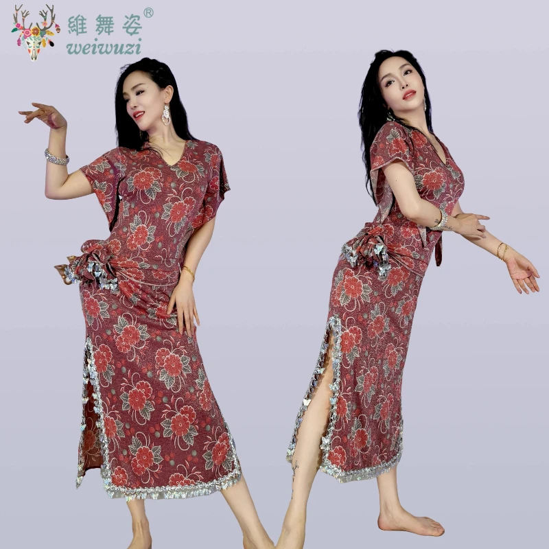 여성용 벨리 댄스 의상 레드 프린트 꽃 나비 스팽글 가운 + 벨트 Saidi Shabbi Baladi Performance Clothing