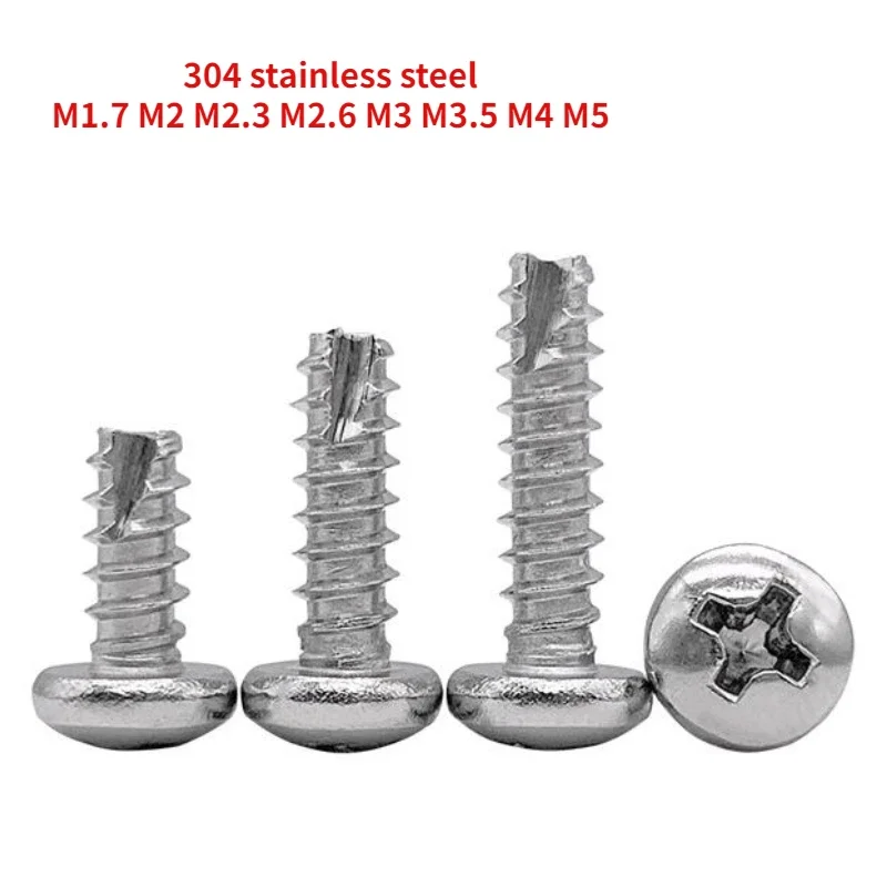 304 Stainless Steel Round Head Cross Cut Tail Self Tapping Screw PT Slotted Self Tapping Screw M1.7 M2 M2.3 M2.6 M3 M3.5 M4 M5