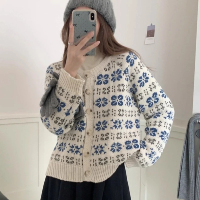 

Women Cardigan Sweaters Casual Jacquard Jumpers Knitted Round Neck Long Sleeves Loose Single Breasted Open Stitch 2025 Autumn