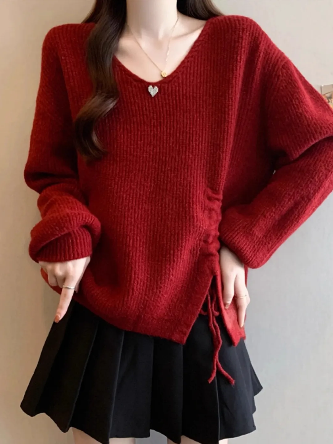 

Red Dstring Knitwear Women's Faionable Layering Inner Wear Outerwear Slimming Top Asymmetrical Autumn Winter Sweater