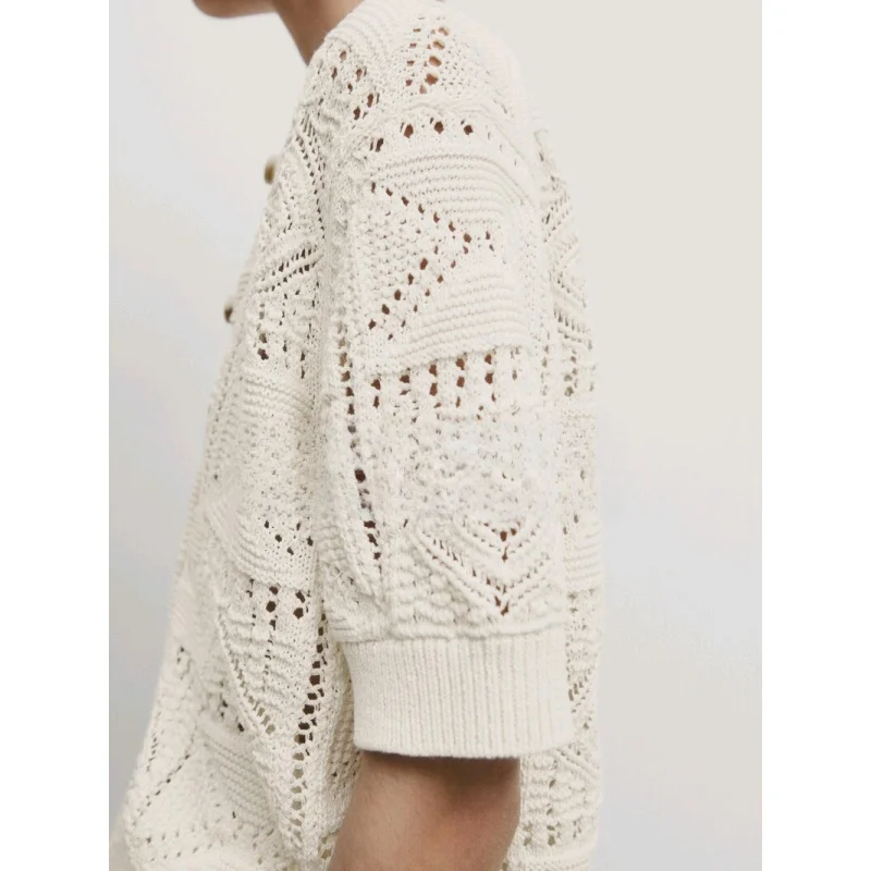 

Spring New Sweet Comfortable Versatile White round Ne ort Sve Hollow out Knitted Open Front irt Polyester Fiber or...