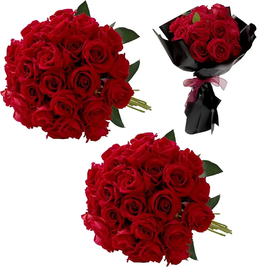 

Red Roses Artificial Flowers Bulk, 32Pcs Fake Roses Artificial Velvet with Stems, DIY Silk Flowers Bouquet, Realisti