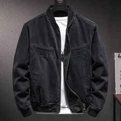 Autumn New Stand Collar Zipper Denim Jacket Men Casual British Slim Black Motorcycle Male Baseball Jacket Cowboy Coat