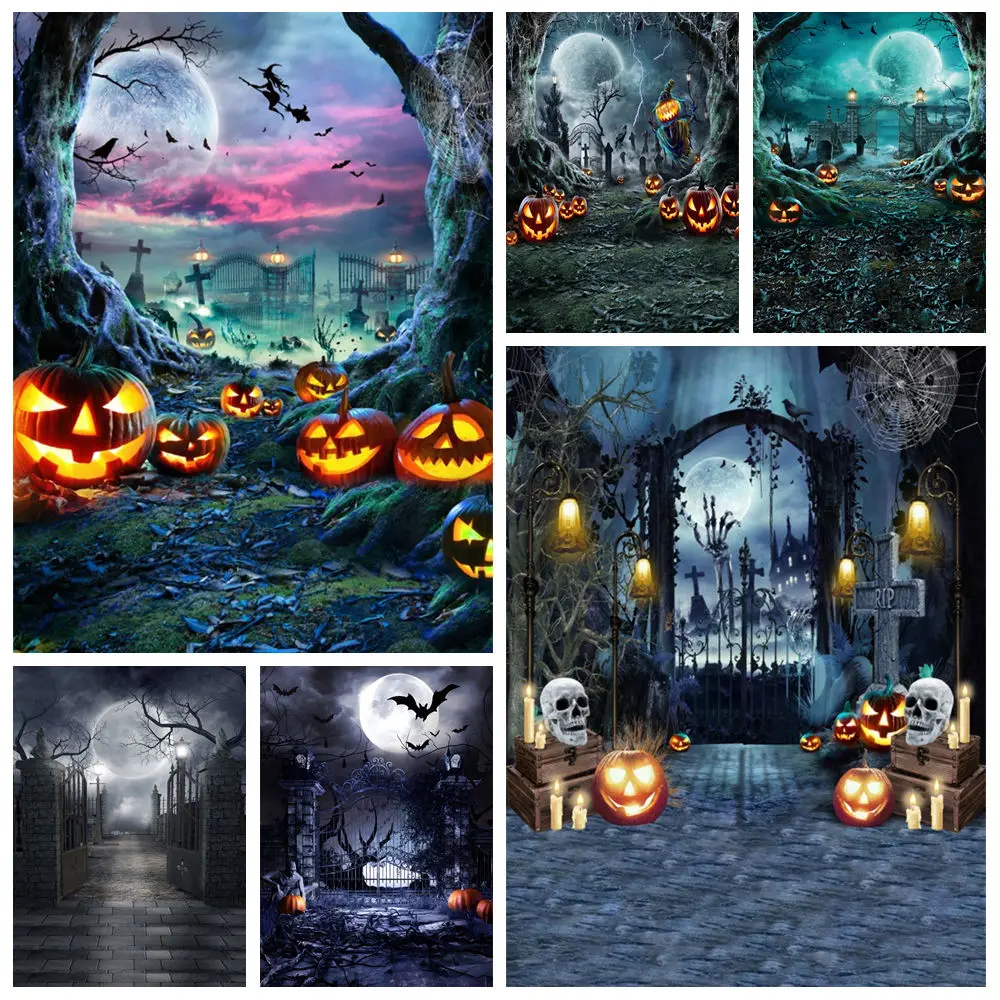 

Happy Halloween Backdrop Horror Scary Forest Castle Moon Night Pumpkin Party Baby Portrait Photography Background Photo Studio