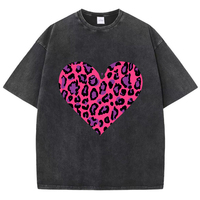 Pink Leopard Heart Prints Washed T-Shirt Women Cotton T Shirts O-Neck Comfortable Distressed Tops Summer Casual Woman Clothes