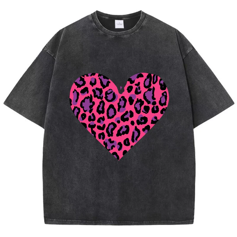 Pink Leopard Heart Prints Washed T-Shirt Women Cotton T Shirts O-Neck Comfortable Distressed Tops Summer Casual Woman Clothes
