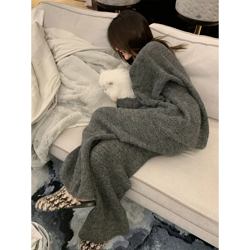 Conjunto de pijamas macios moda coreana feminina ao ar livre casa wear outono inverno casual malha em torno do pescoço pulôver calças conjunto de duas peças