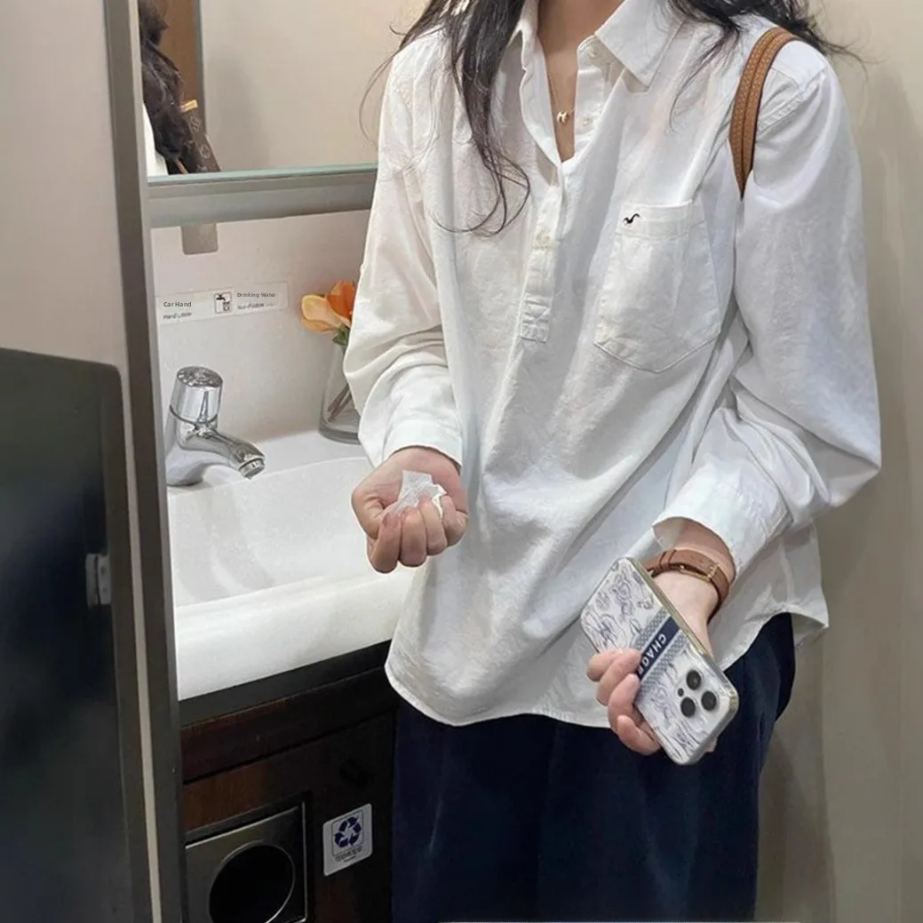 

Pure Cotton White irt Women's Early Spring Faion Long Sve Design High-End Feeling Small ence Upper Apparel