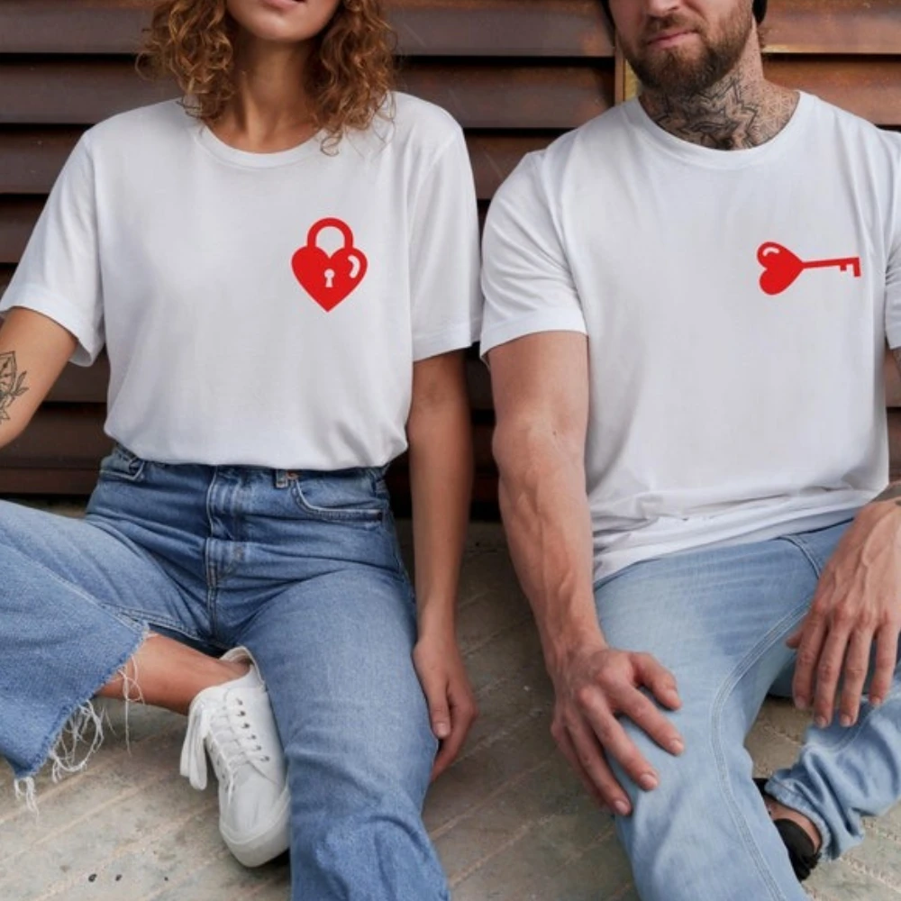 

Heart Lock and Key Shirt Matching Couple TShirt Wedding Gift Couple Valentines T-shirt Men Women Daily Life Summer Cotton Tops