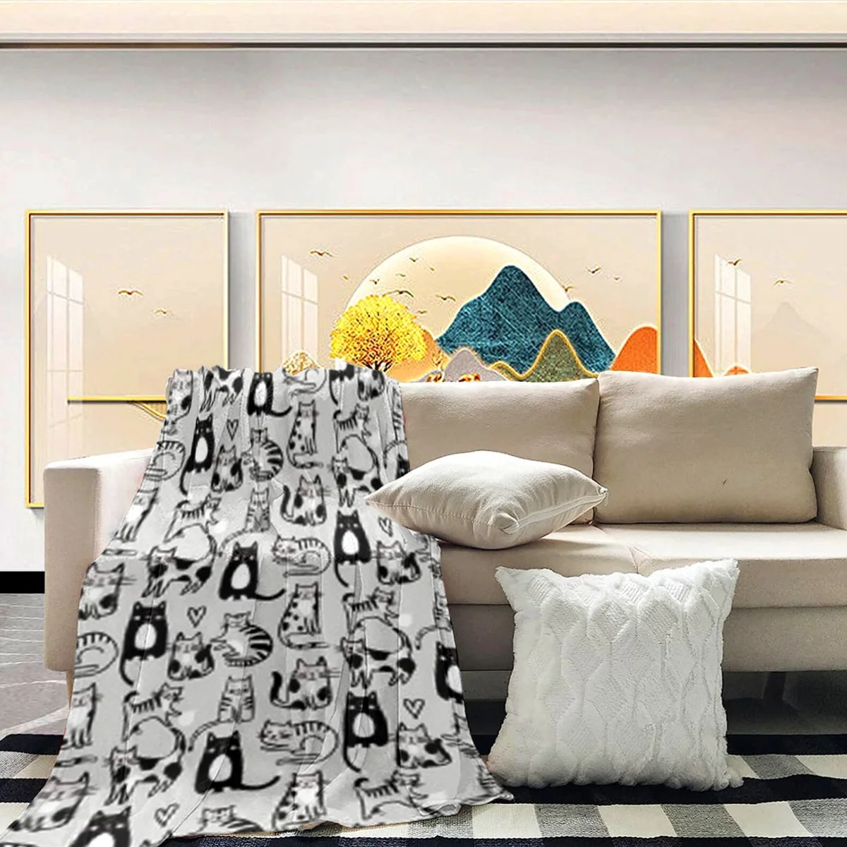 Whimsical Cat Print Sketch Throw Blanket 150x200cm Cozy Pet Kitten Art Plush Living Room Sofa Decor Gift