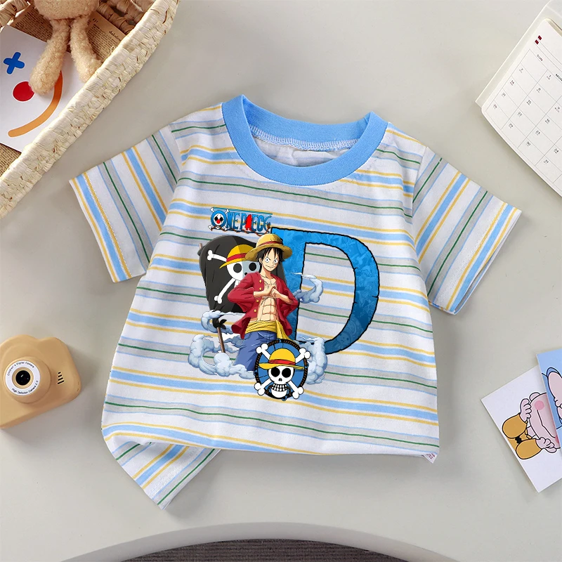 Uma peça listrado camiseta roupas infantis luffy dos desenhos animados anime A-Z carta padrão de manga curta menino verão topo criança moda t