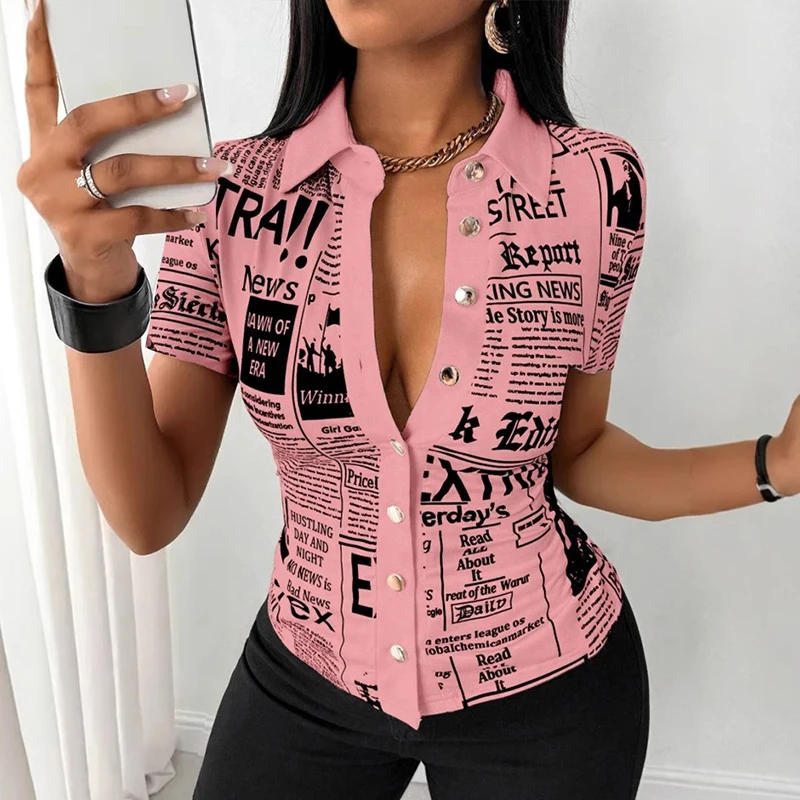 夏のファッションボタンスリムフィットシャツ女性エレガントな半袖シングルブレストレタープリントブラウス女性のためのトップス