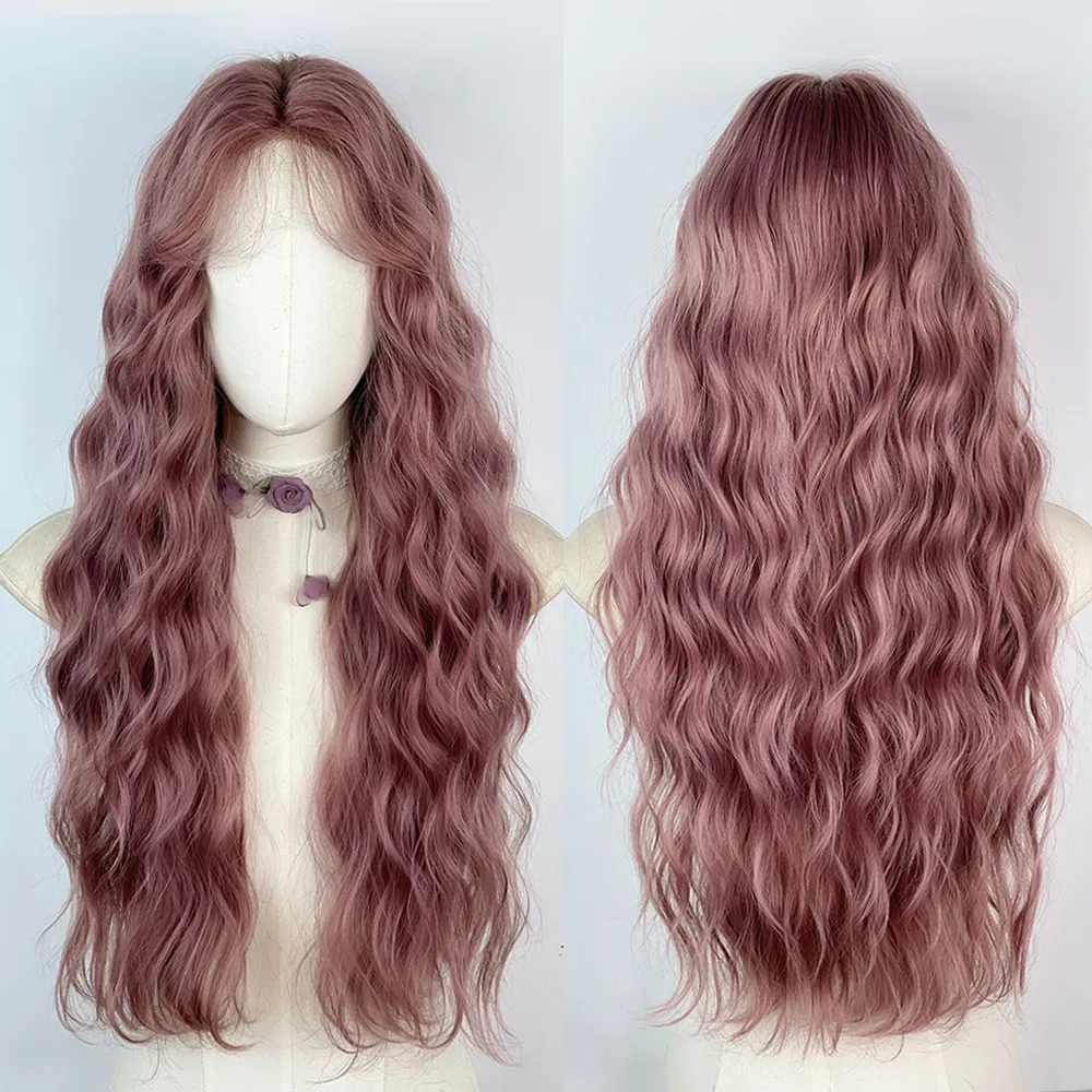 

Front lace thin rattan pink purple wool curly long hair cos universal medium point big wave long curly hair wig