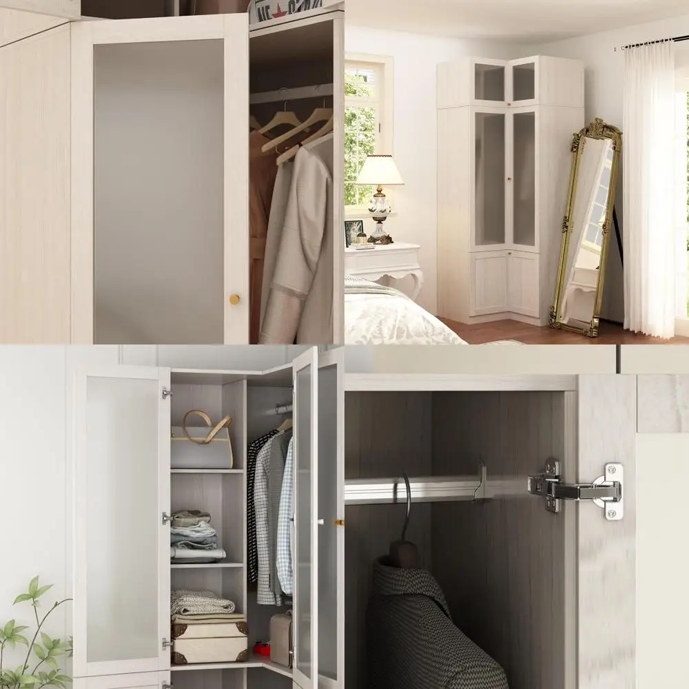 

L-Shaped Glass Door Wardrobe with Hanging Bar & Shelves, Grey Wooden Storage Cabinet for Bedroom, 35.4L x 35.4W x 86.6H