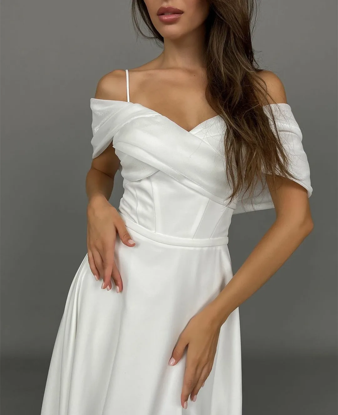 Vintag-vestidos de novia largos de crepé con hombros descubiertos para mujer, vestidos de novia con bolsillos, línea A, marfil, Organza, corsé de tren de barrido, vestido de novia trasero