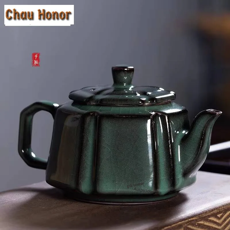 .265ml Handmade Ge Kiln Ice Cracked Teapot Longquan Celadon Iron Body Palace Lamp Pot Tea Making Kettle Chinese Tea Set Crafts