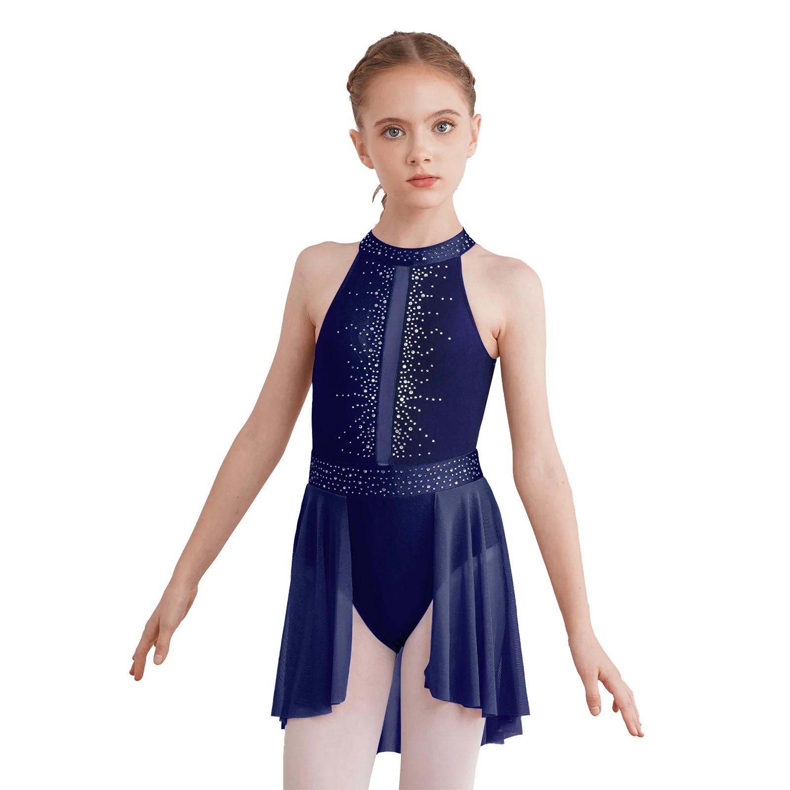 

Kids Girls Shiny Rhinestones Figure Skating Costume Gymnastics Ballet Lyrical Dance Dress Latin Jazz Leotard Tutu Dance Dress