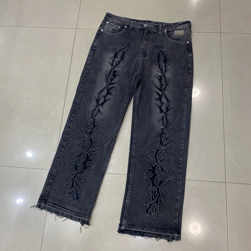 American High Street Retro Hip-hop Revenge Jeans High Quality Real Photo Embroidery Logo REVENGE Men's Denim Pants