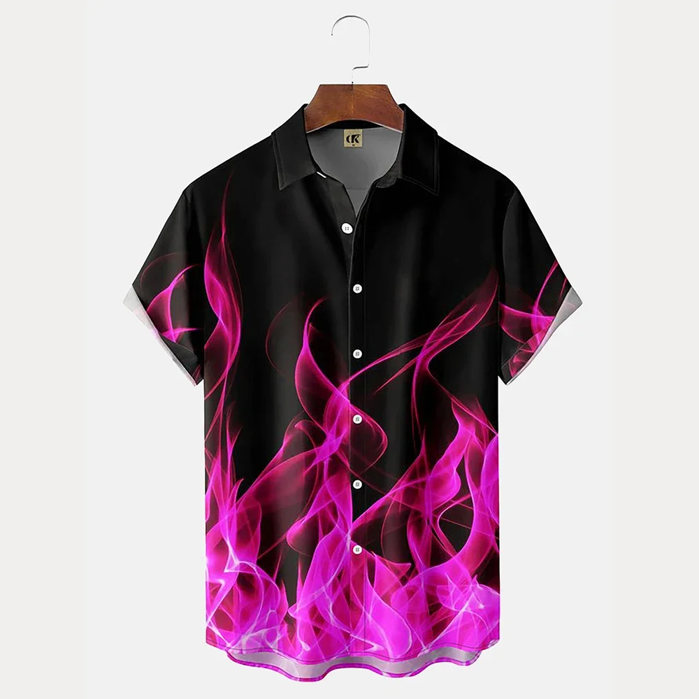 Flame 3D style retro summer clothing - Pink flame Hawaiian top - Men's summer short-sleeved - Large size - Suitable for men
