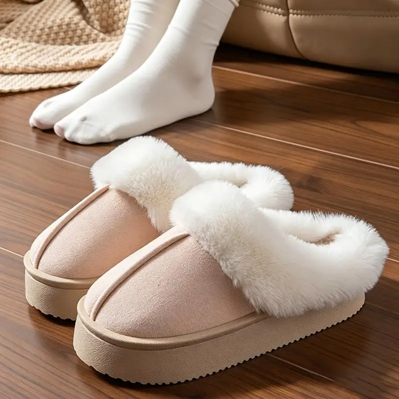 Flauschige Pelz-Mules mit dicker Sohle für Damen, Winter 2026, warme kurze Plüsch-Outdoor-Hausschuhe, Marken-Wildleder-Baumwollschuhe für Damen – Detail 13