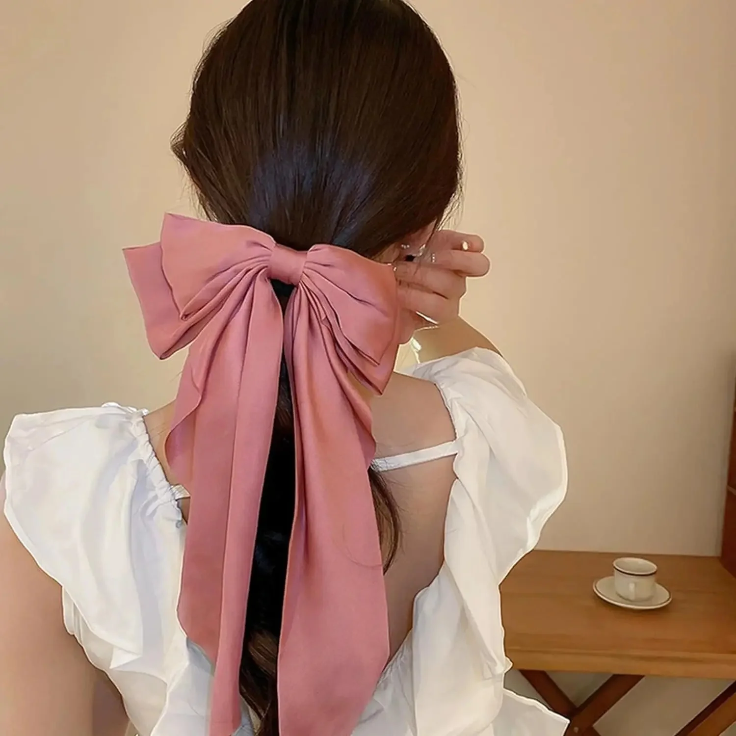 مشبك شعر أنيق كبير بشريط فيونكة للنساء ، دبابيس شعر بسيطة من الساتان بلون واحد ، مشابك فيونكة ، إكسسوارات شعر ، 6: