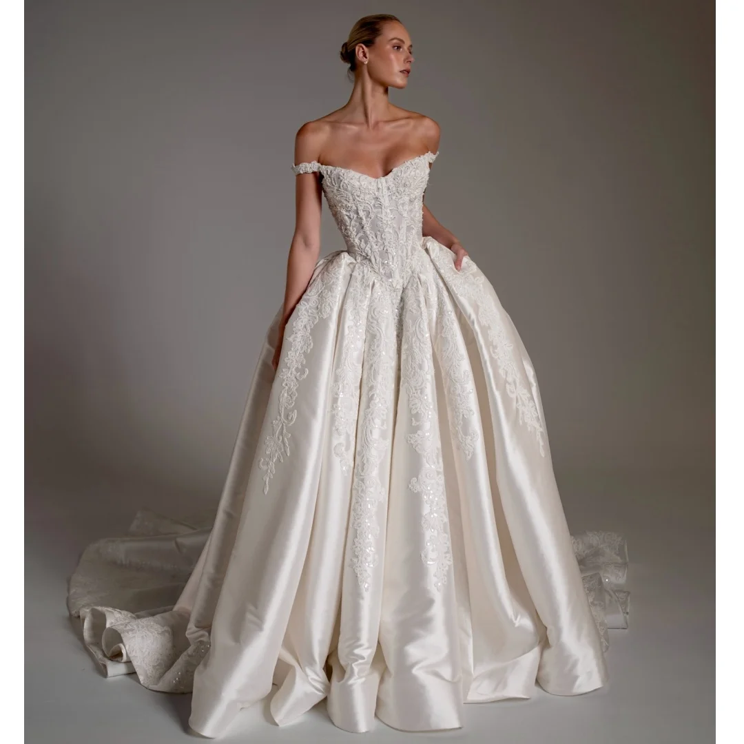 

Princess Sweetheart Wedding Dresses Off the Shoulder Corset Bridal Gown Lace Appliques Exquisite robe de mariée Customized
