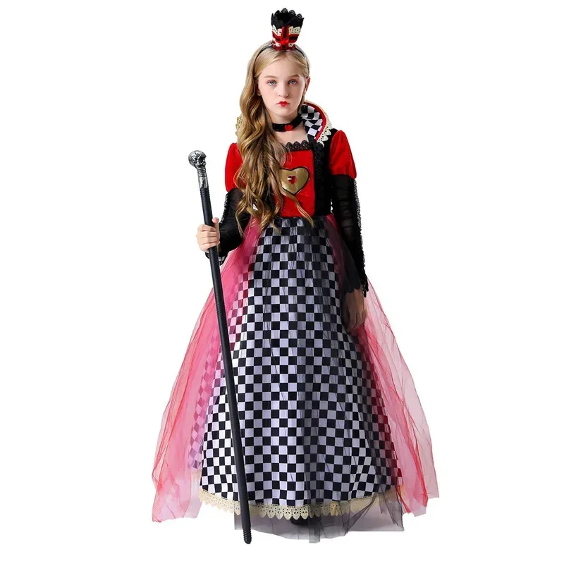 

Kids Halloween Alice Red Queen Costume Girls Birthday Party Princess Dress Anime Storybook Queen of Hearts Role Play Outfits