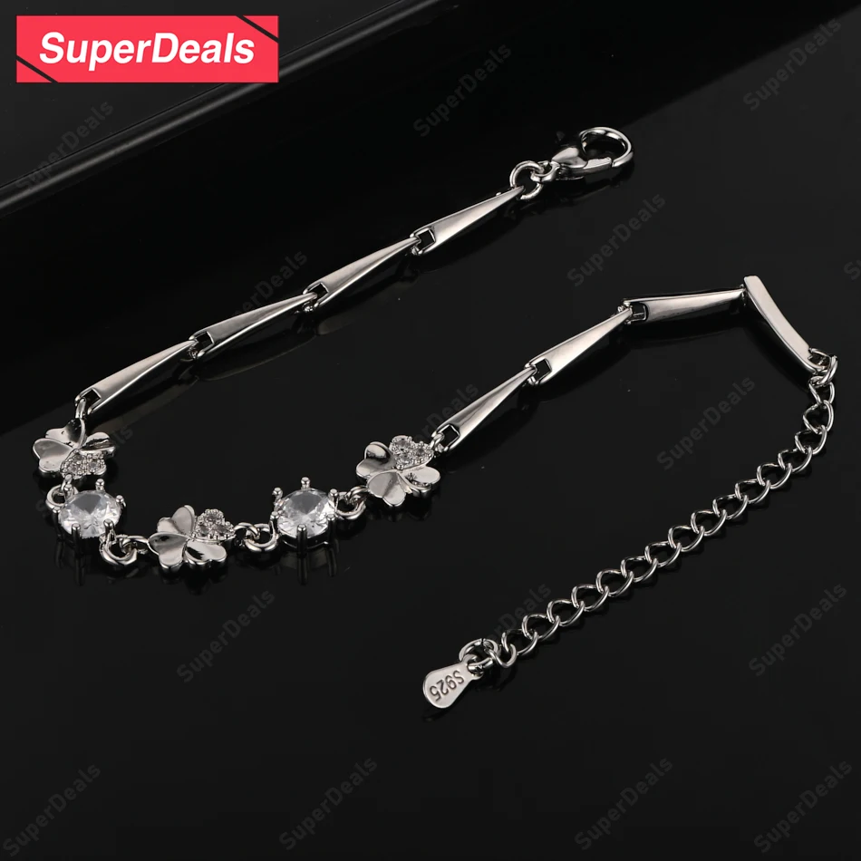 

SuperDeals Four Leaf Clover Chain 925 Sterling Silver Bracelet Classic Zircon For Lady Fashion Design Jewelry Wedding Party Gift