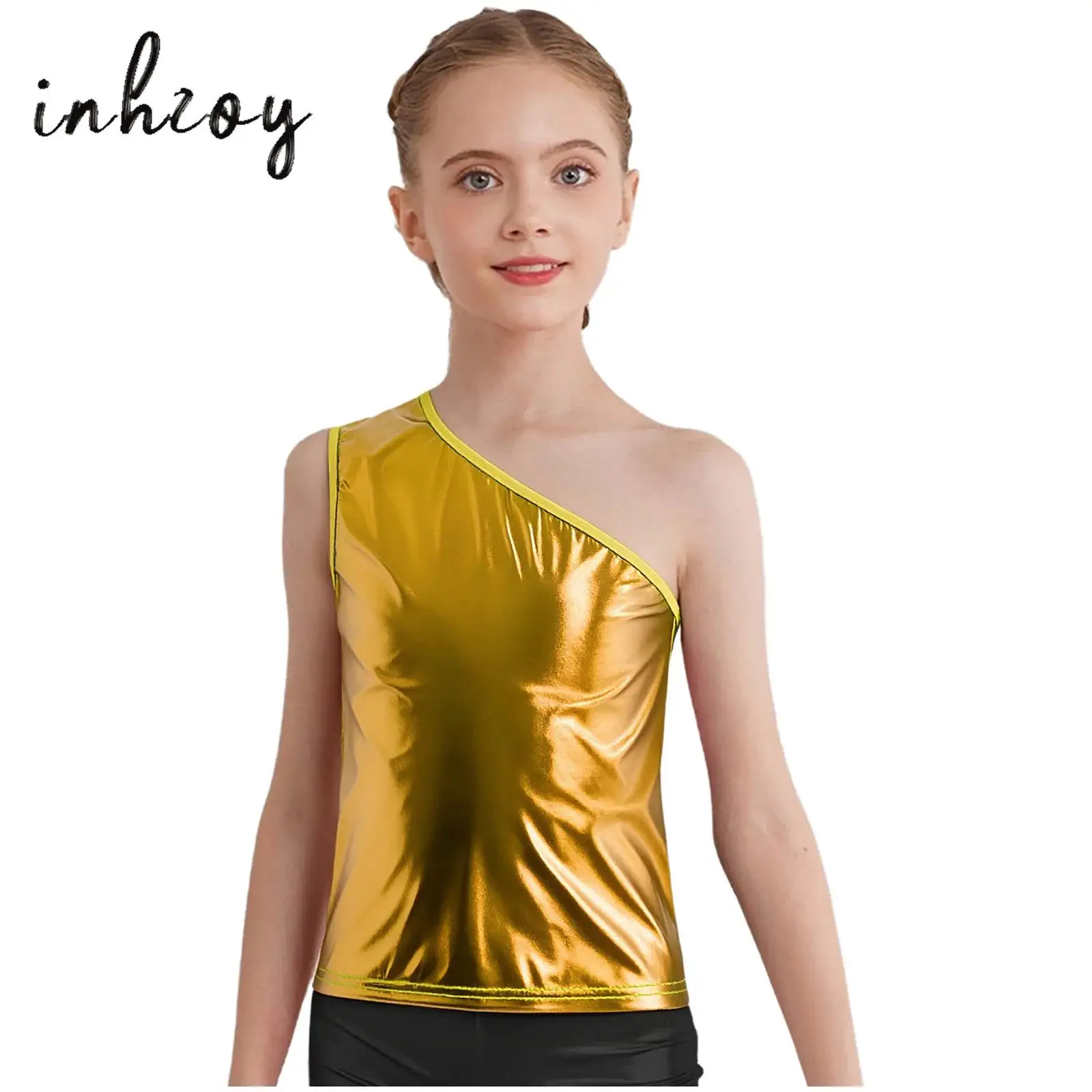 

Kids Girls Vest Cheerleading Dance Top One Shoulder Sleeveless Glossy Metallic Tank Top for Jazz Dance Stage Performance Costume
