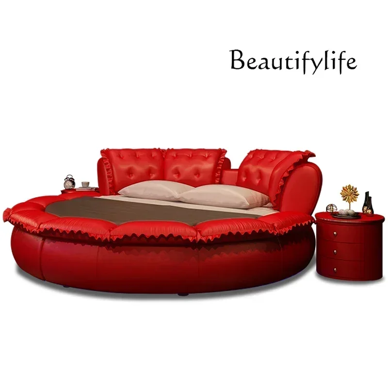 N42 Light Luxury Nordic First Layer Cowhide round Bed Cream Style Soft Bed Double  Petal  Princess Bed