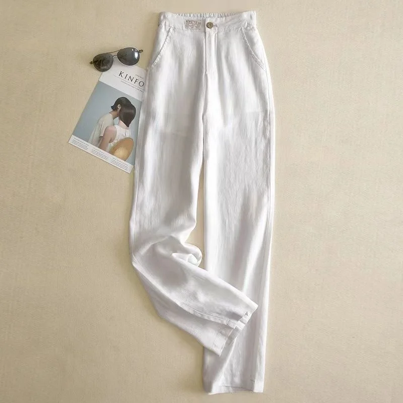 Retro Wide-leg Pants for Women with High Waist Drooping Cotton Linen Straight Trousers