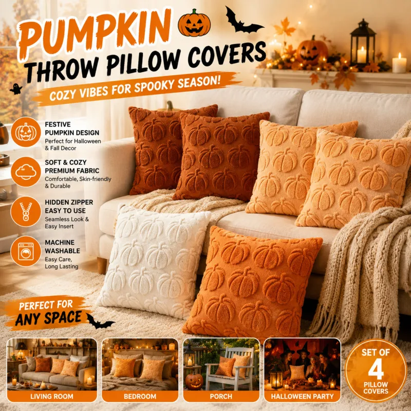 Halloween Pumpkin 3D Embroidery Plush Pillow Cover Cushion Case, Sofa Throw Pillowcase Home Party Decoration Holiday Gift New