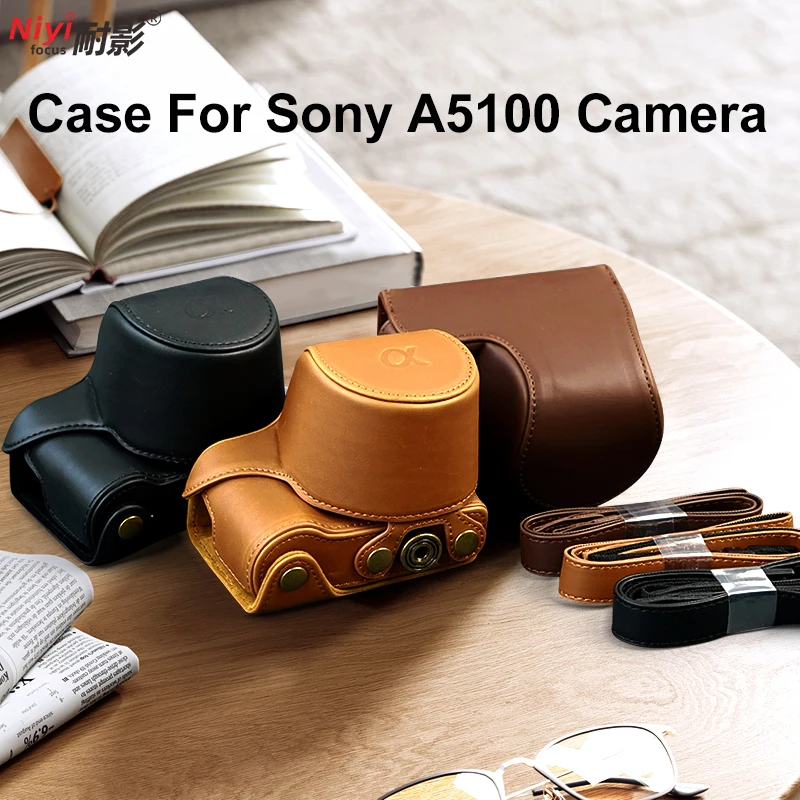 Camera Bag PU Leather Case For Sony alpha A5000 A5100 Protective Cover With Shoulder Strap Camera Body Case Bag Cover 1/4 Screw
