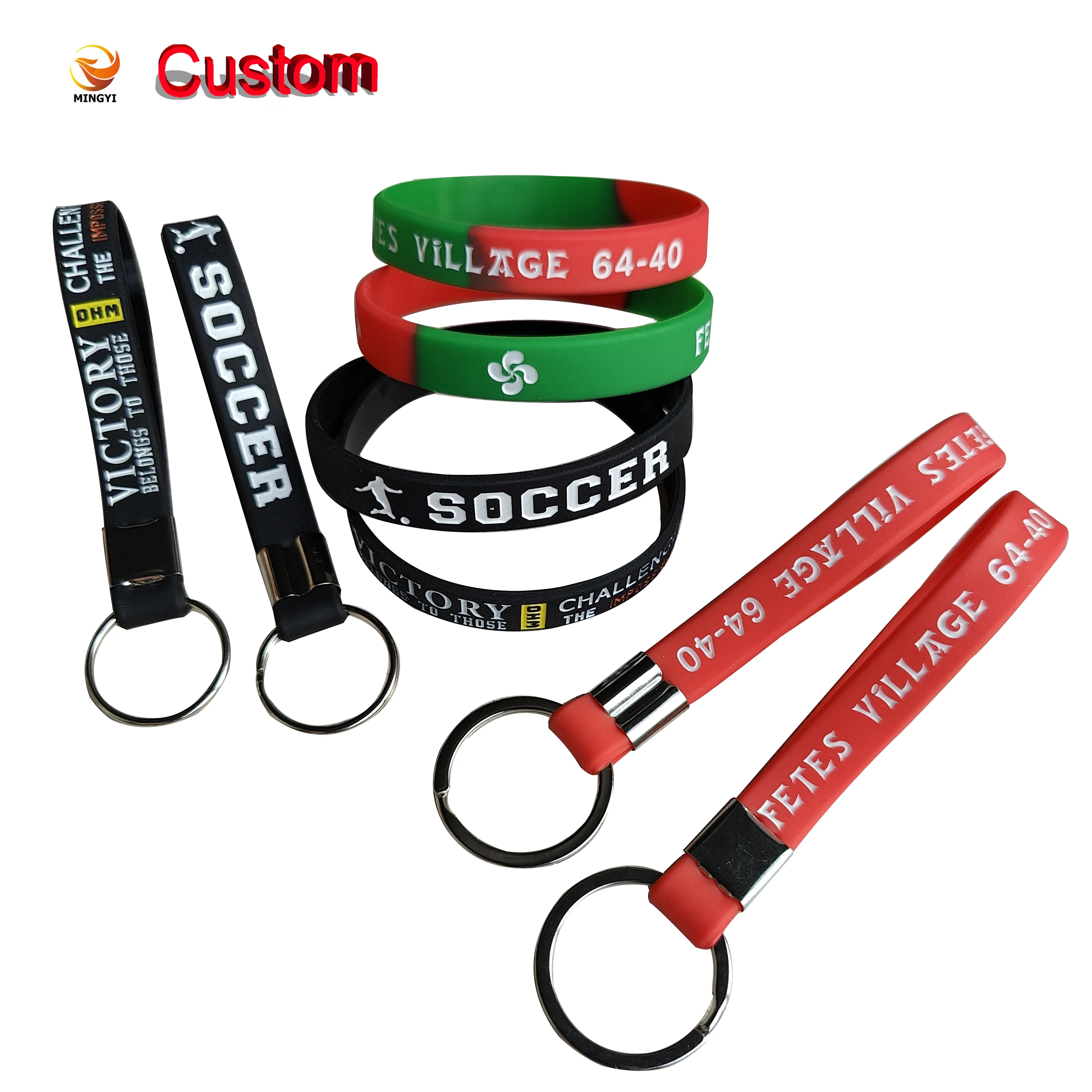 100PCS Keychain/100 Wristbands Customized Bracelets Debossed Engraved Rubber Wristband for Events Game Football Basketball Sport