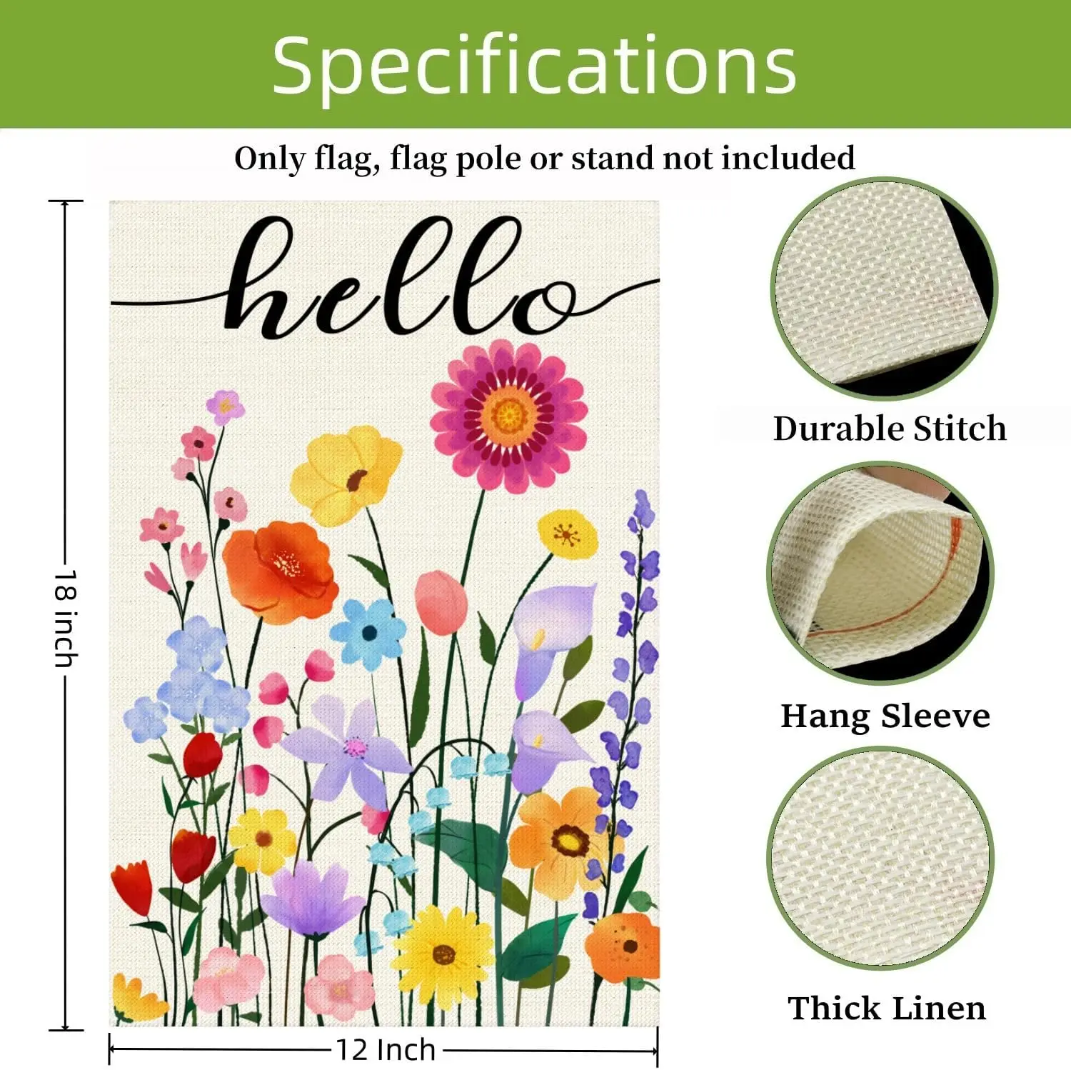 Hello Spring Flower Garden Flag, 12 x 18 Inch Double Side Floral Burlap Flag, Weclome Flower Flags for Patio Yard Lawn Porch SSL