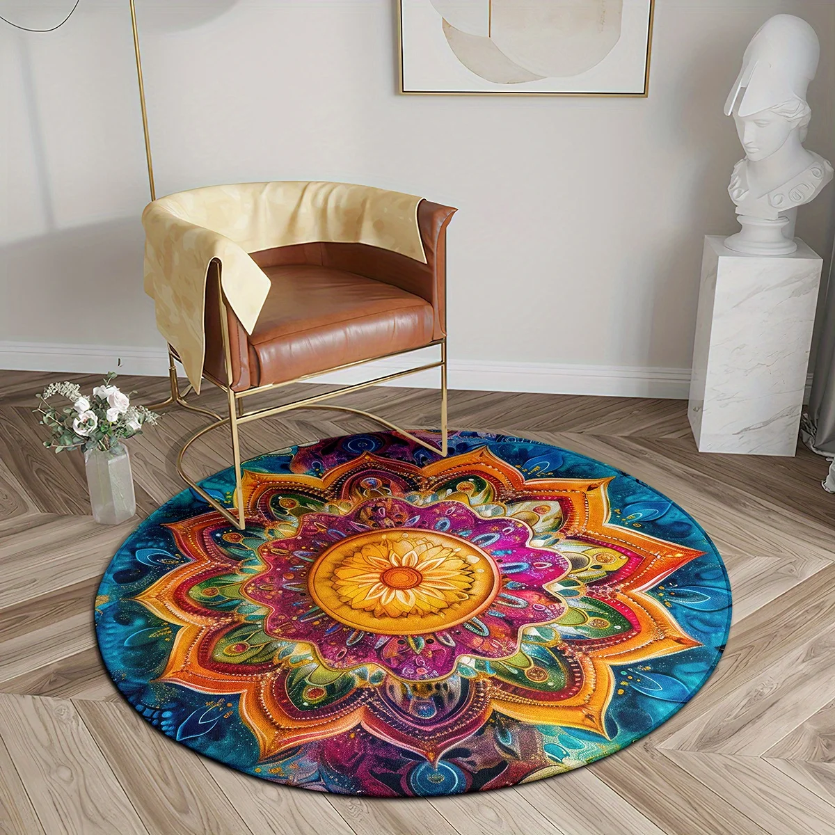 VIKAMA Colorful Mandala Sunflower Round Rug Bohemian Floral Art Print Non‑slip Soft Living‑room Bedroom Circular Floor Mat