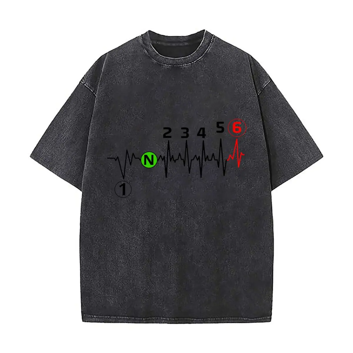 Motorcycle Gear Shift Heartbeat 1 N 2 3 4 5 6 Washed Distressed Loose Streetwear Tops for City Walks
