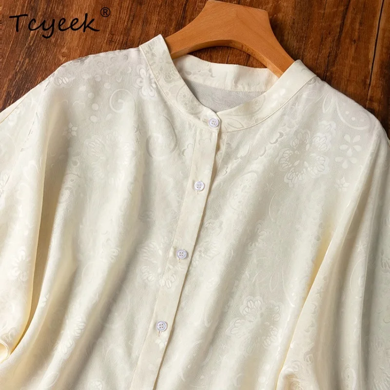

Tcyeek Summer 18MM 100% Mulberry Silk Tshirts,Women Jacquard Stand Collar Loose Dolman Sleeve Tshirts,New 2025 D55753JF