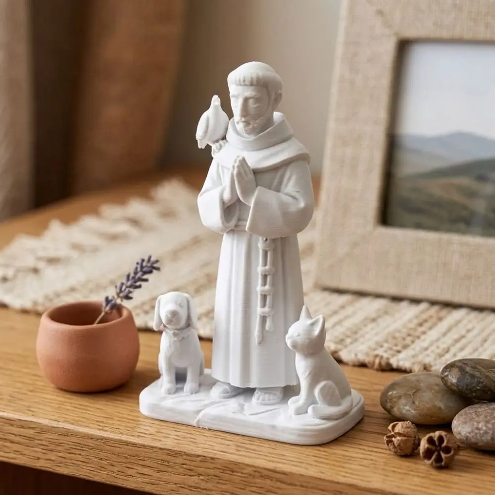 3D Printed Saint Francis Statue Praying Hand Pose Animal Companion St Francis Sculpture Plastic Sacred