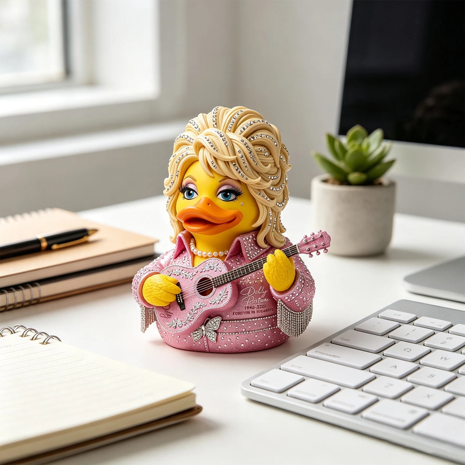 Dolly Parton Memorial Duck Figurine Country Music Tribute Collectible Decor Guitar Rhinestone 3.15in