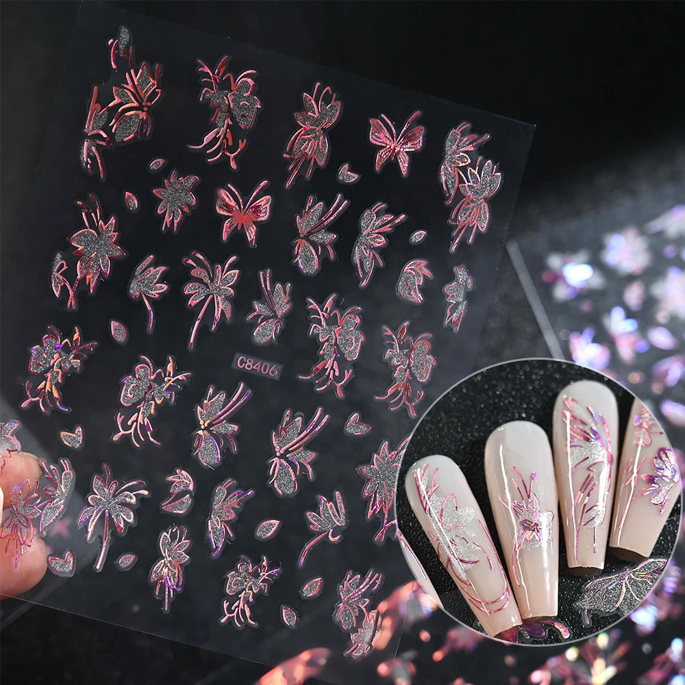 6 pçs/set 3d borboleta/flor/fita unhas adesivo rosa/ouro/prata oco flor arco auto-adesivo slider floral manicure decalque