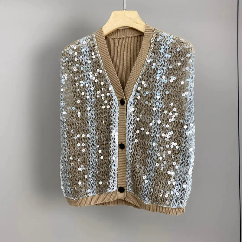 2024 Heavy Sequin Knitted Vest for Women Summer V-neck Temperament All-match Single-breasted Sleeveless Tops Spring Cardigans