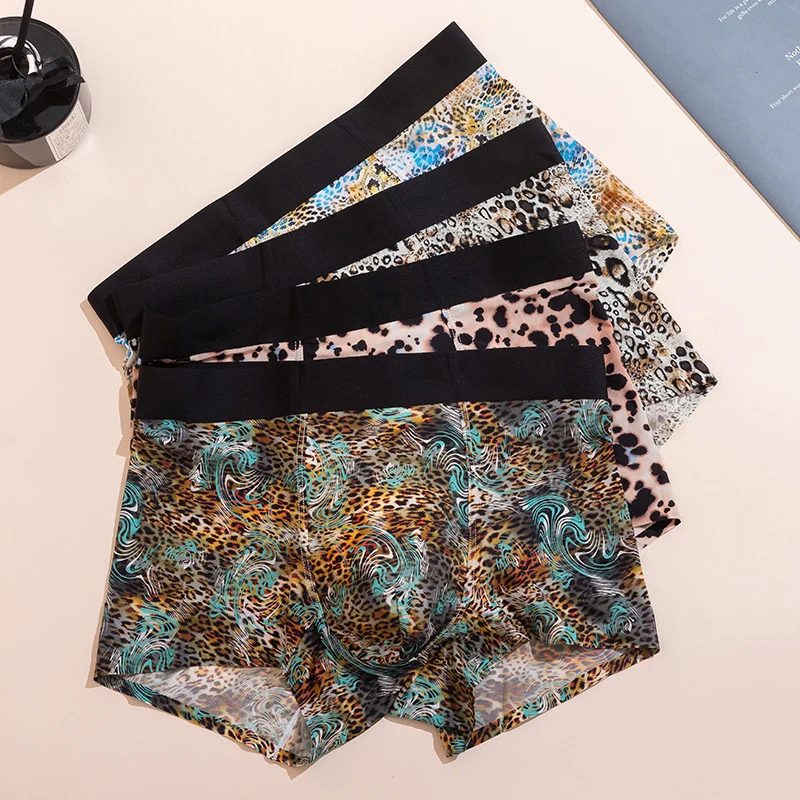 2024 sexy ice silk men underwear thin elastic men underwear leopard printing Boxers man Men's panties underpants seamless spande