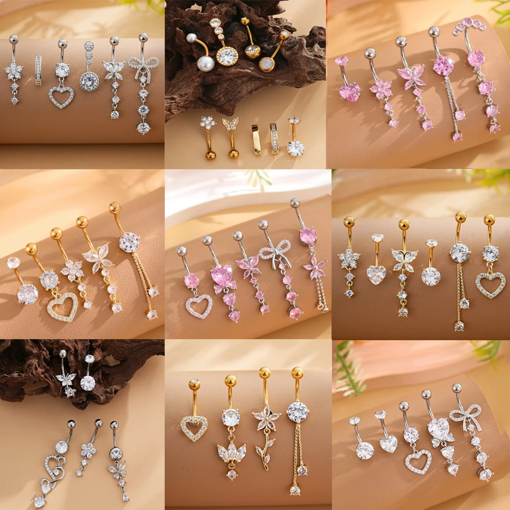 14G Gold Color Series Butterfly Dangled Belly Piercing Sets 4-6PCS/Lot Heart Flower Curved Navel Navel Ring Belly Button Rings