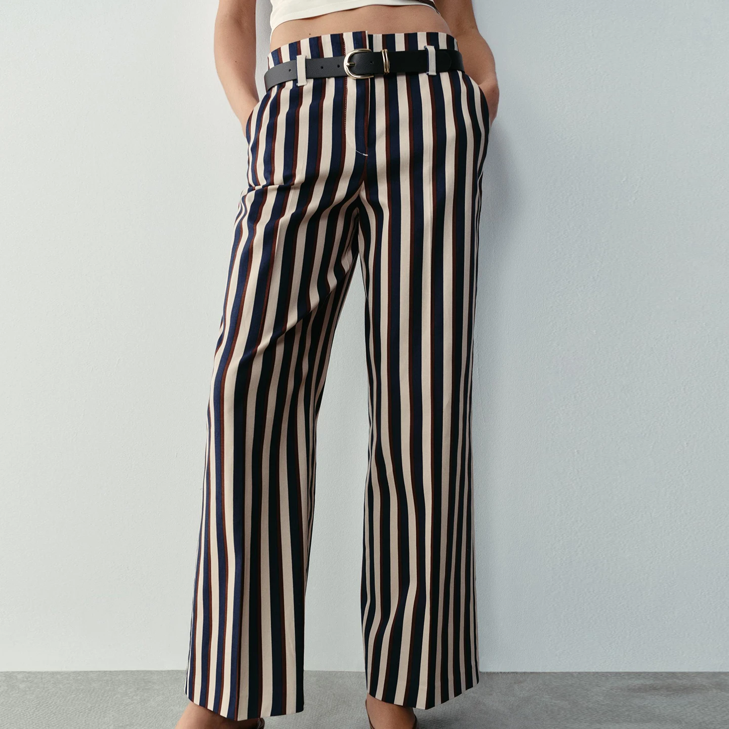 Women's High Waist Striped Belted Casual Commute Pants Autumn 2026 Fashion Style Slim Fit Natural Waist Other Material